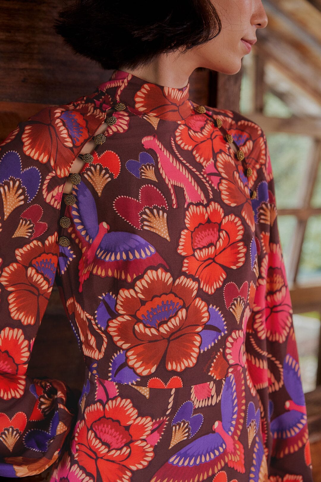 Brown Bright Flora Long Sleeve Mini Dress | FARM Rio Online