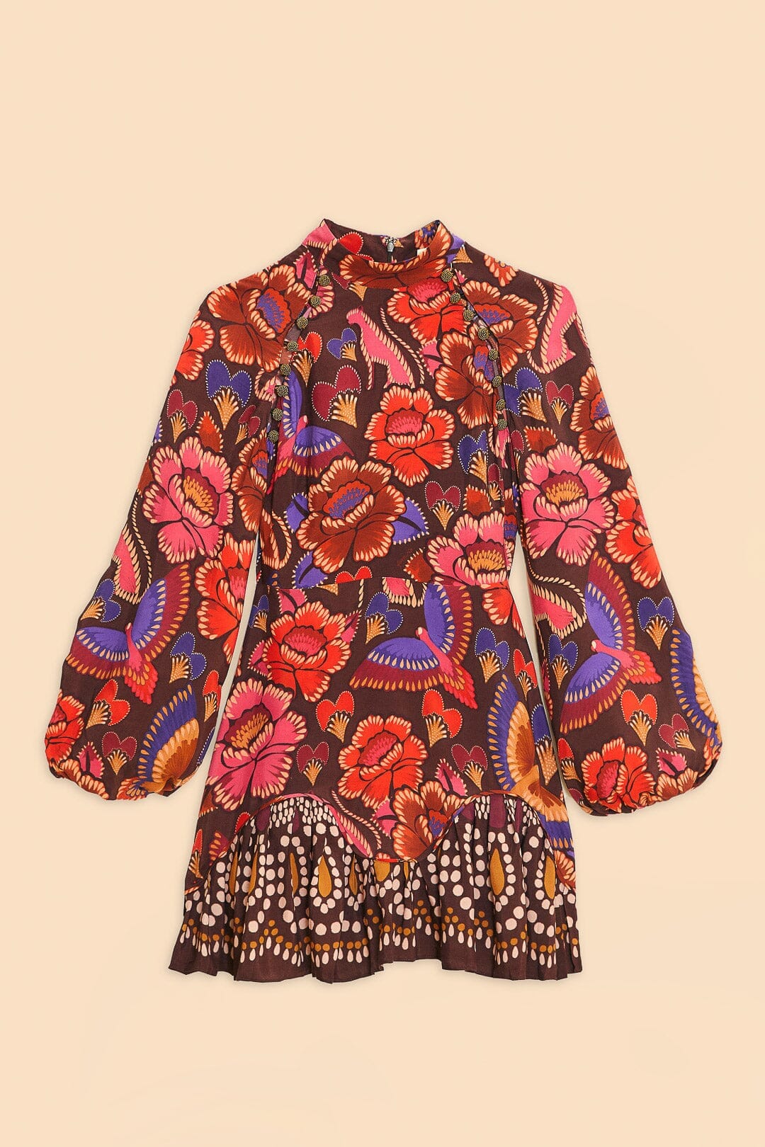 Brown Bright Flora Long Sleeve Mini Dress | FARM Rio Online