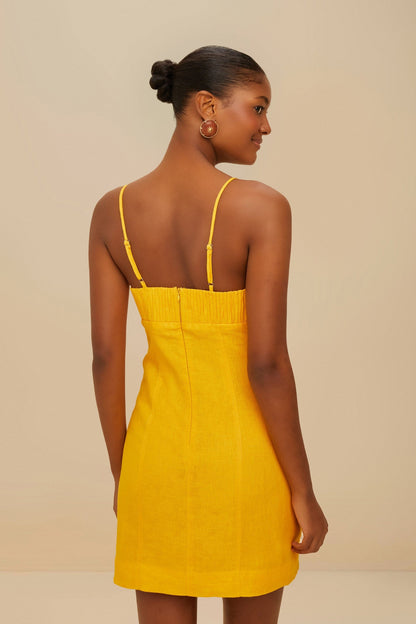 Yellow Sunrise Cup Euroflax™ Premium Linen Mini Dress | FARM Rio Online