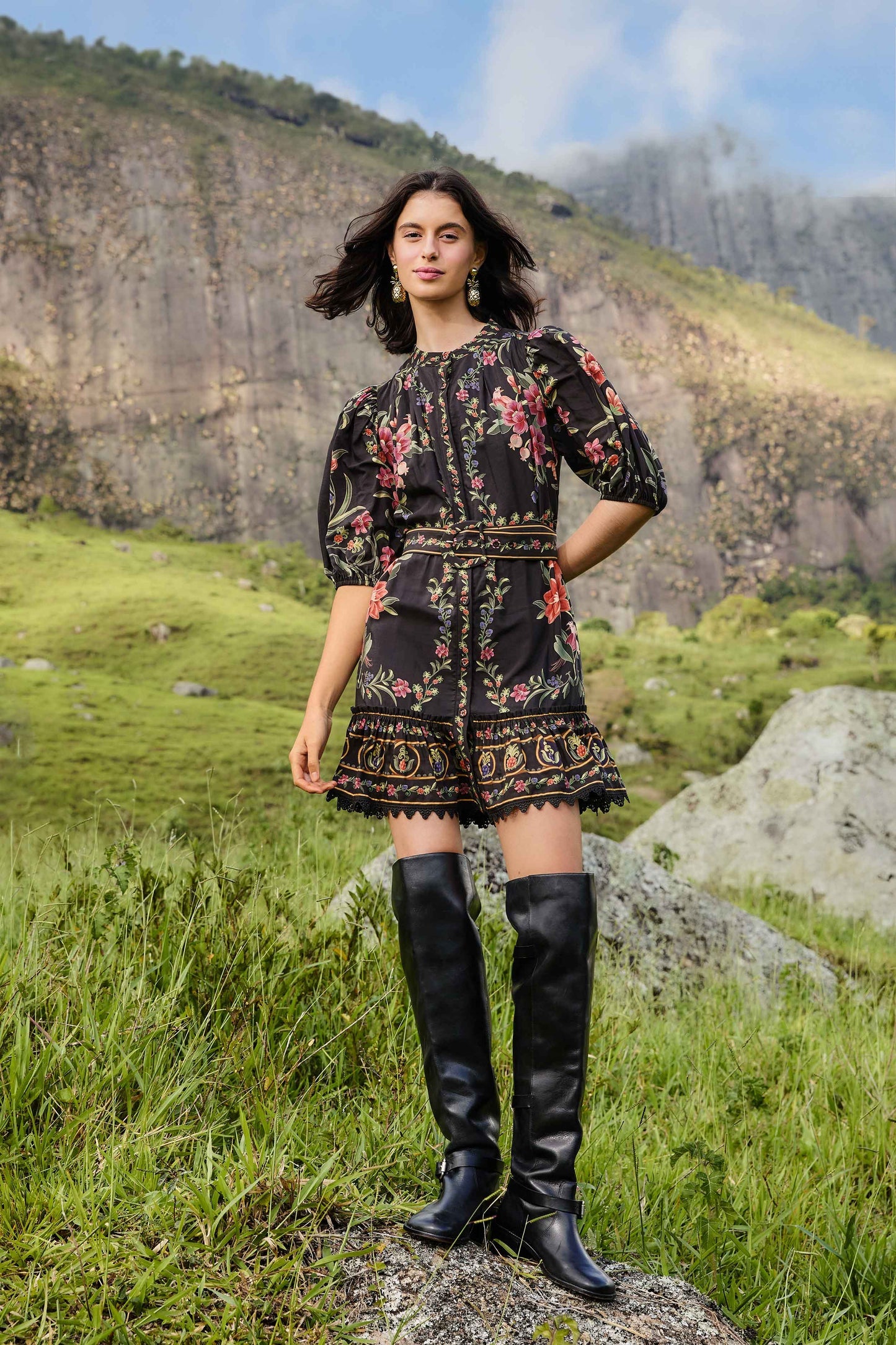 Black Belle Garden Lace Belted Mini Dress | FARM Rio | FARM Rio Discount