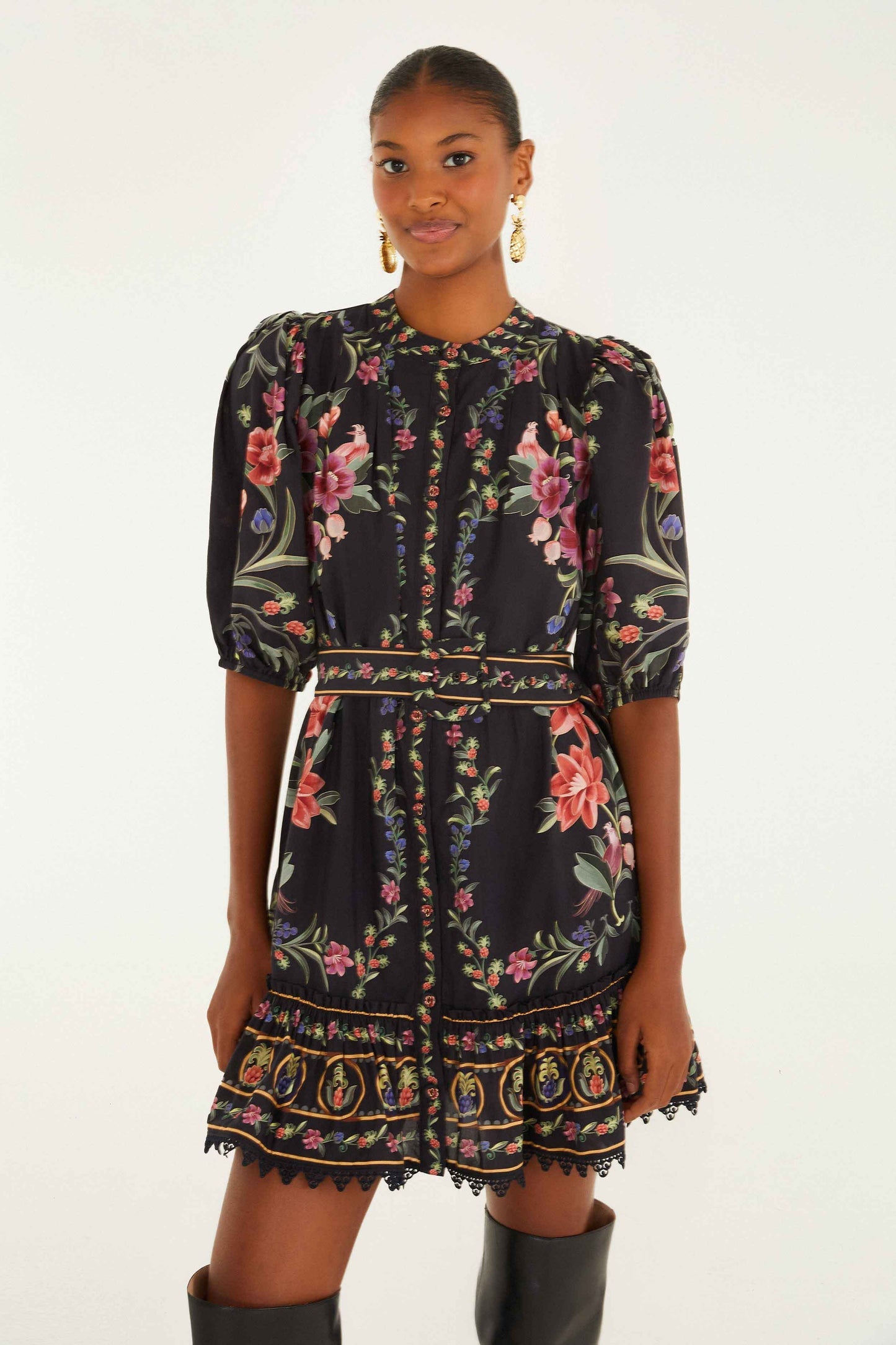 Black Belle Garden Lace Belted Mini Dress | FARM Rio | FARM Rio Discount
