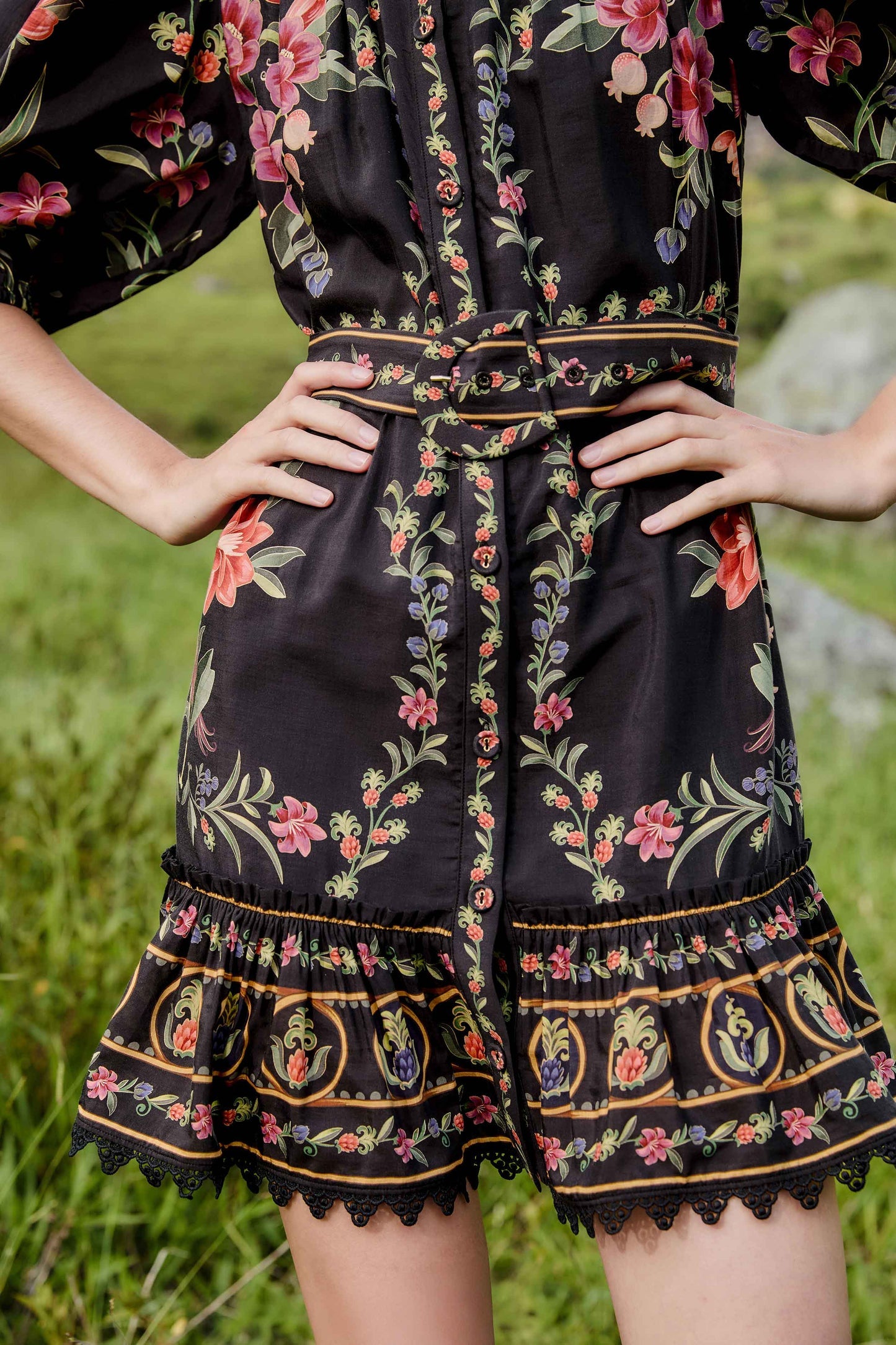 Black Belle Garden Lace Belted Mini Dress | FARM Rio | FARM Rio Discount
