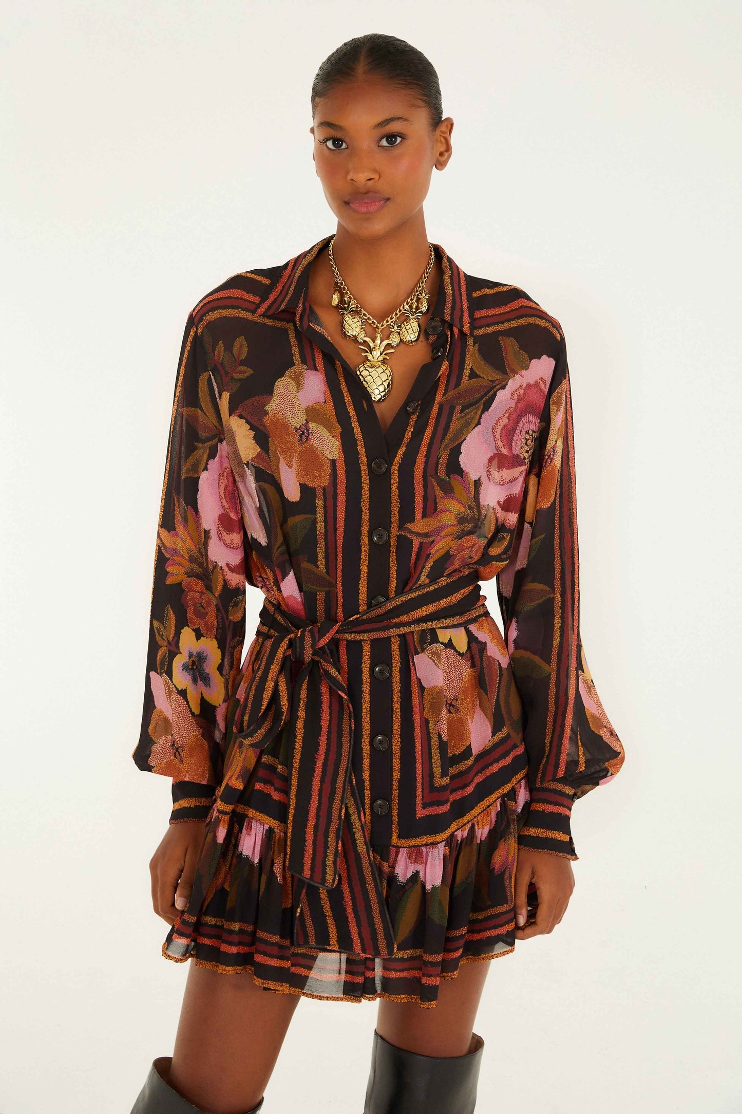 Black Chenille Flowers Belted Long Sleeve Mini Dress | FARM Rio | FARM Rio Near Me