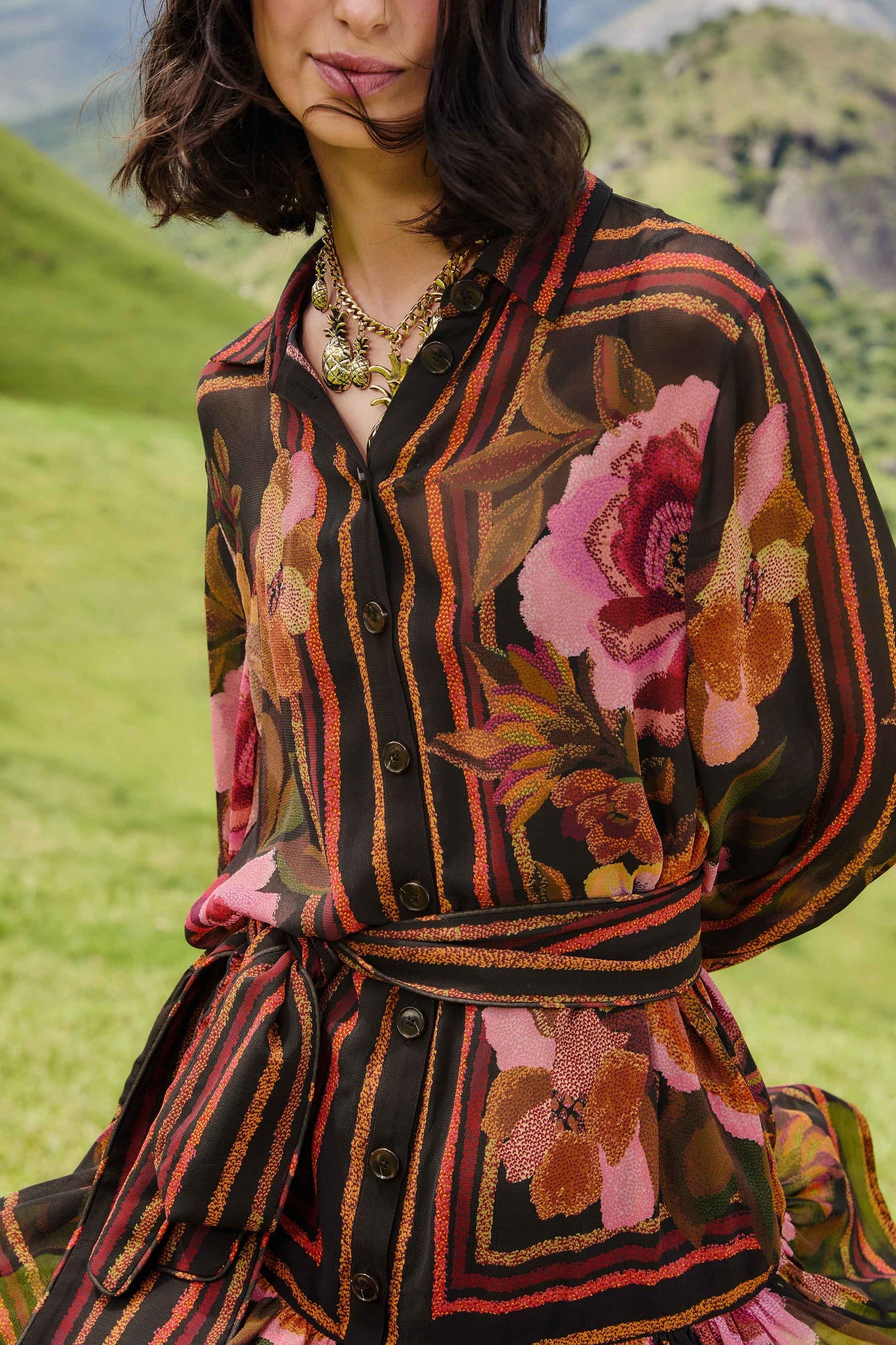 Black Chenille Flowers Belted Long Sleeve Mini Dress | FARM Rio | FARM Rio Near Me