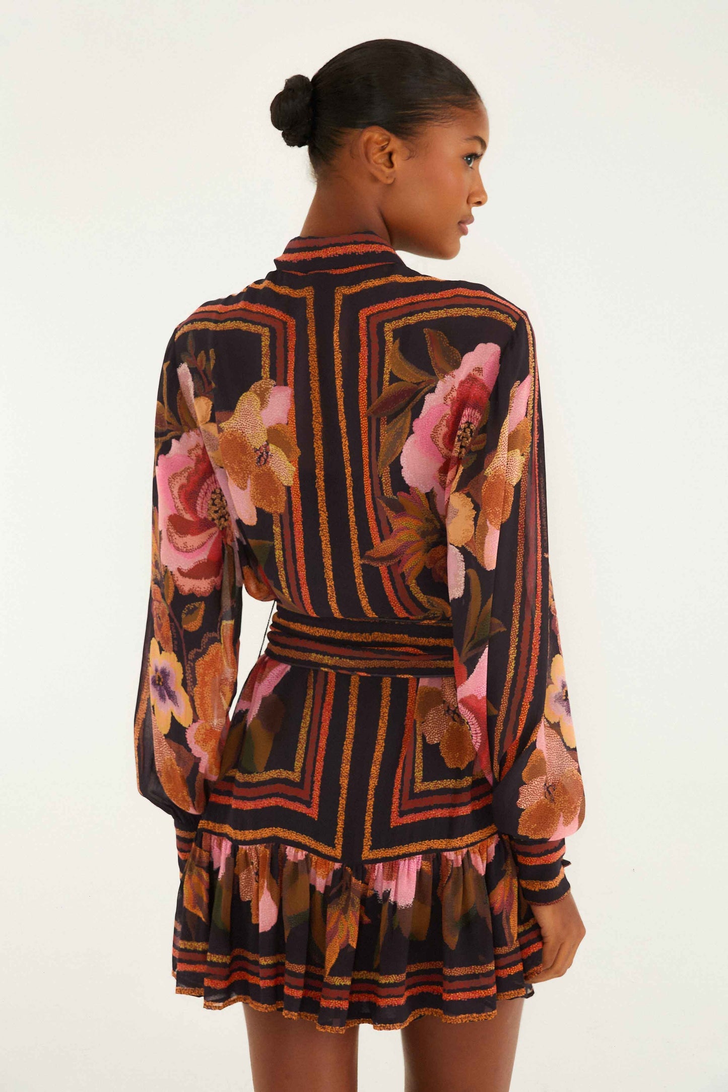 Black Chenille Flowers Belted Long Sleeve Mini Dress | FARM Rio | FARM Rio Near Me