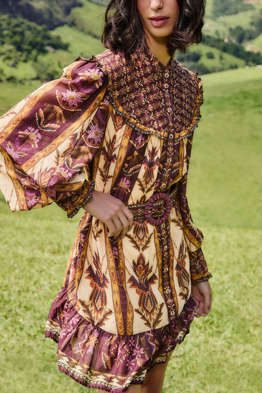 Sand Embroidered Tapestry Long Sleeve Mini Dress | FARM Rio | FARM Rio