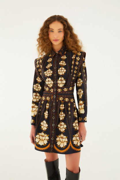 Black Embroidered Flowers Long Sleeve Organic Cotton Mini Dress | FARM Rio | FARM Rio On Sale