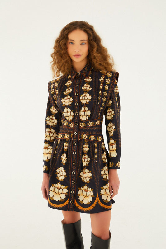 Black Embroidered Flowers Long Sleeve Organic Cotton Mini Dress | FARM Rio | FARM Rio On Sale