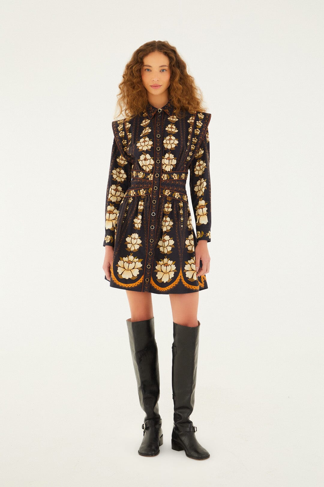 Black Embroidered Flowers Long Sleeve Organic Cotton Mini Dress | FARM Rio | FARM Rio On Sale
