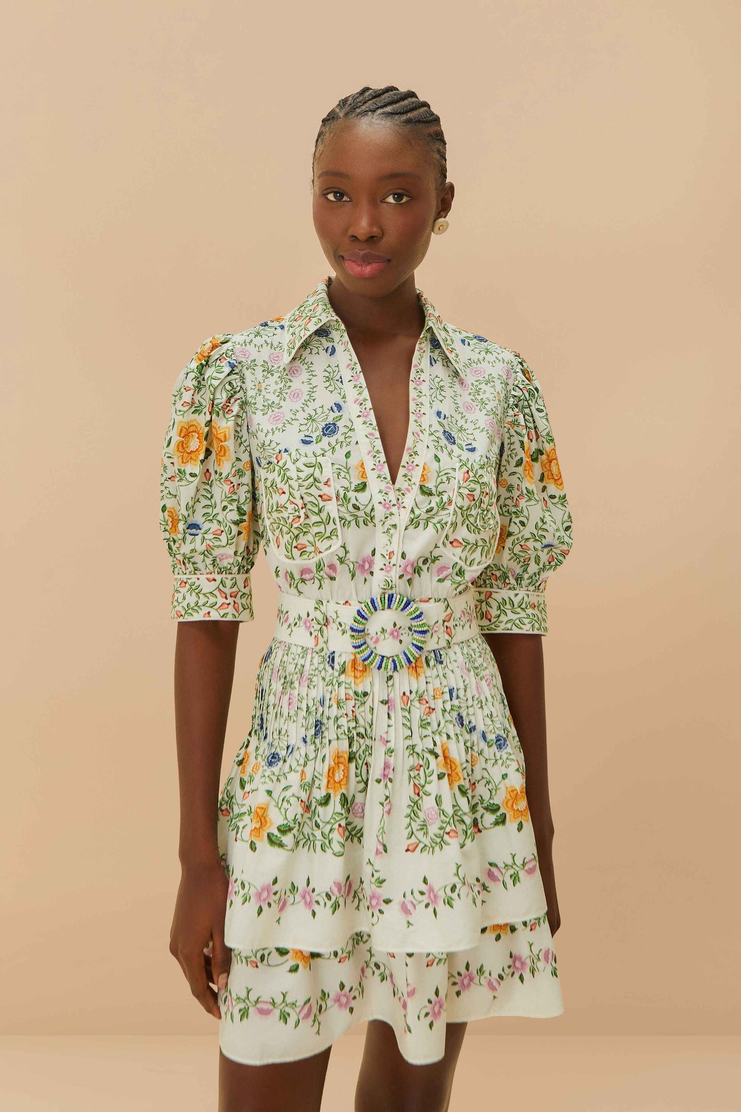 Off-White Folk Floral Short Sleeve Mini Dress | FARM Rio Outlet