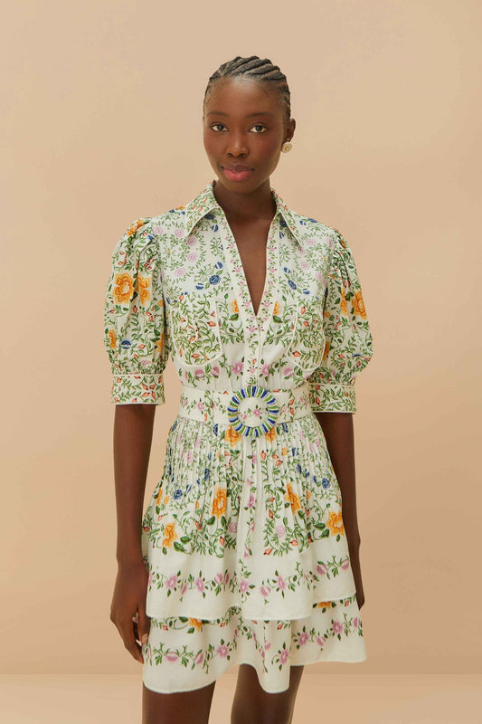 Off-White Folk Floral Short Sleeve Mini Dress | FARM Rio Outlet