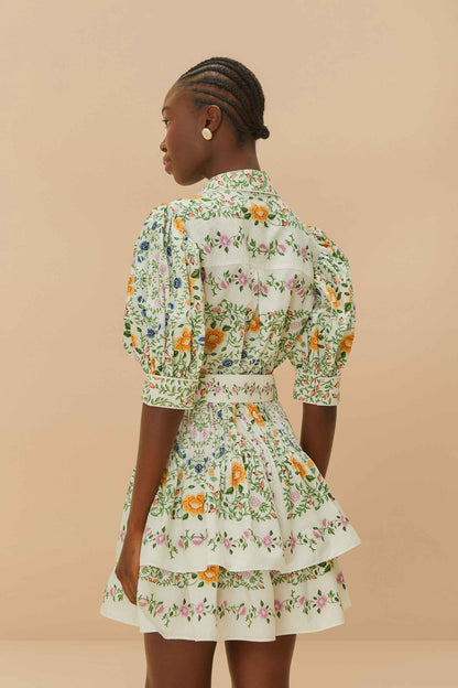 Off-White Folk Floral Short Sleeve Mini Dress | FARM Rio Outlet