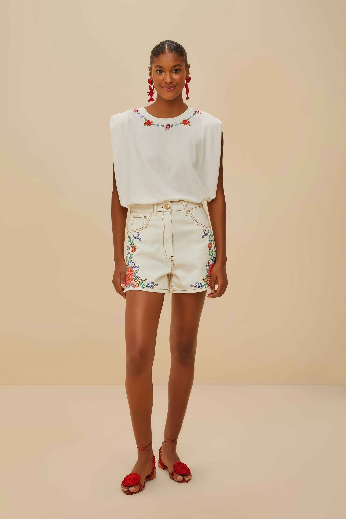 Off-White Cross Stitch Flowers Organic Cotton T-Shirt | FARM Rio Online