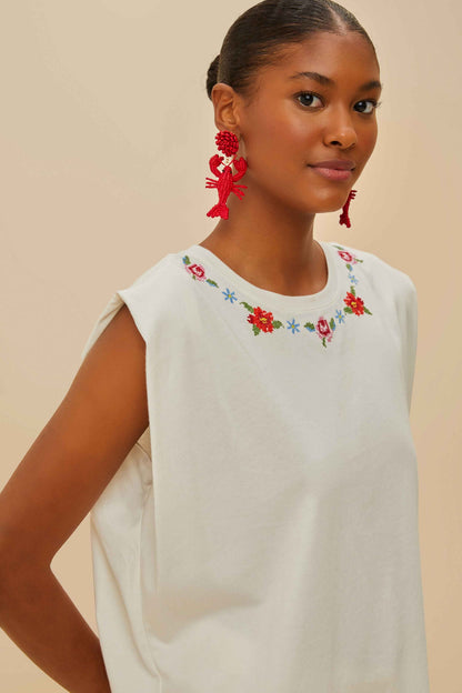 Off-White Cross Stitch Flowers Organic Cotton T-Shirt | FARM Rio Online