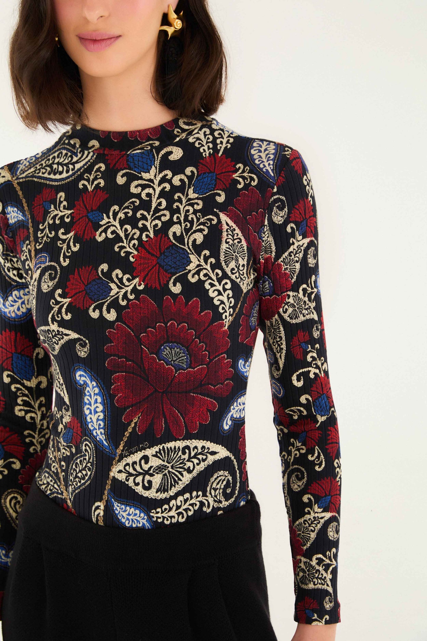 Black Valentina High Neck Long Sleeve Jersey Bodysuit | FARM Rio | FARM Rio Outlet