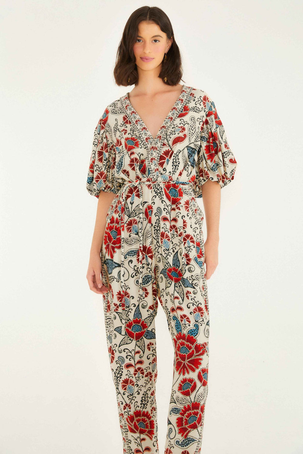 Sand Francesca V Neckline Short Sleeve Jumpsuit | FARM Rio | FARM Rio On Sale