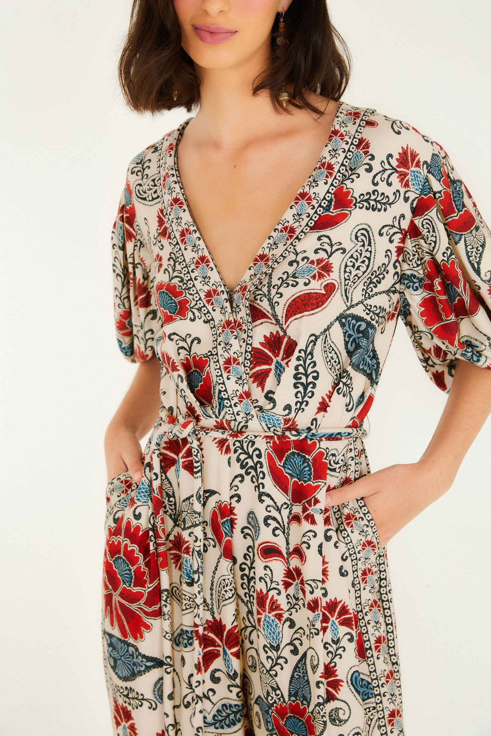 Sand Francesca V Neckline Short Sleeve Jumpsuit | FARM Rio | FARM Rio On Sale