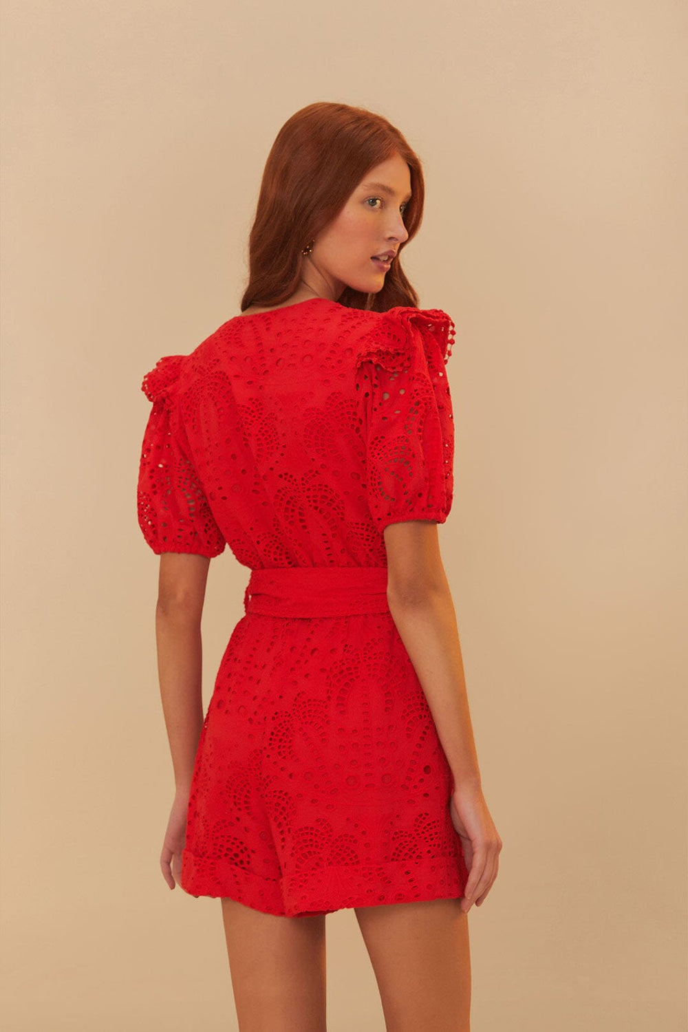Red Eyelet Beaded Belt Romper | FARM Rio