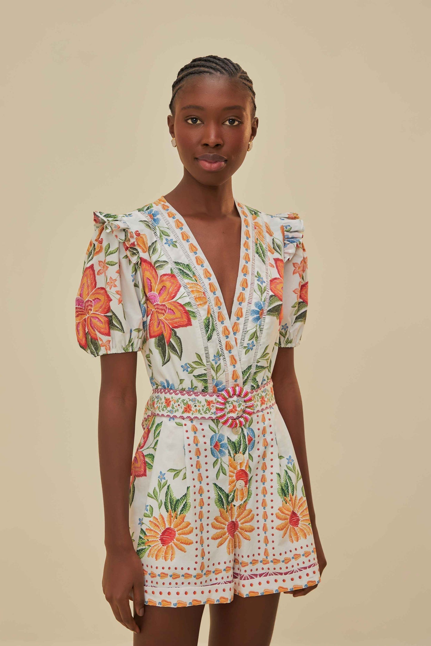 Off-White Bloom Garden LENZING™ ECOVERO™ Euroflax™ Romper | FARM Rio Online