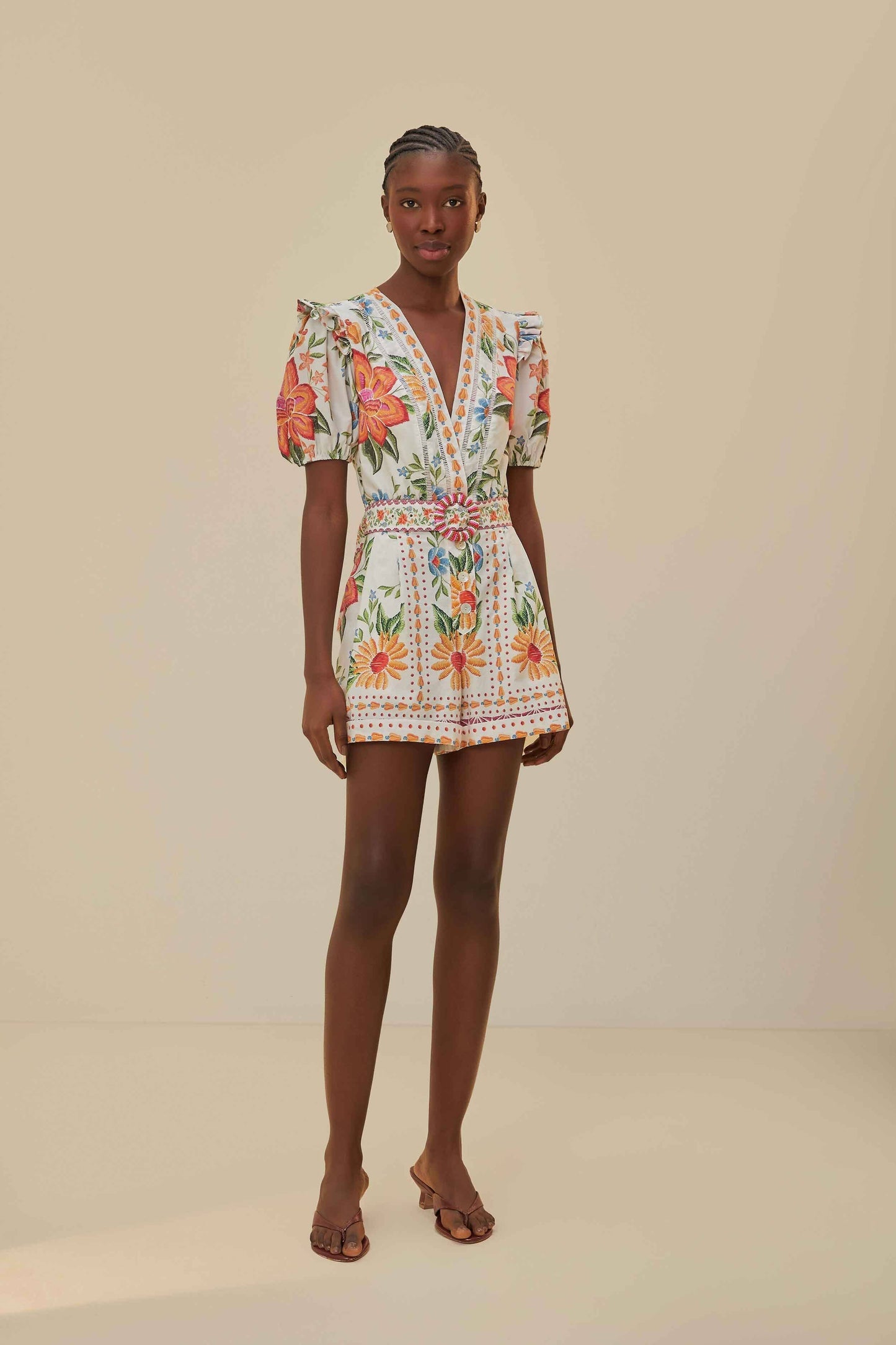 Off-White Bloom Garden LENZING™ ECOVERO™ Euroflax™ Romper | FARM Rio Online