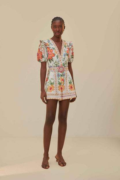Off-White Bloom Garden LENZING™ ECOVERO™ Euroflax™ Romper | FARM Rio Online