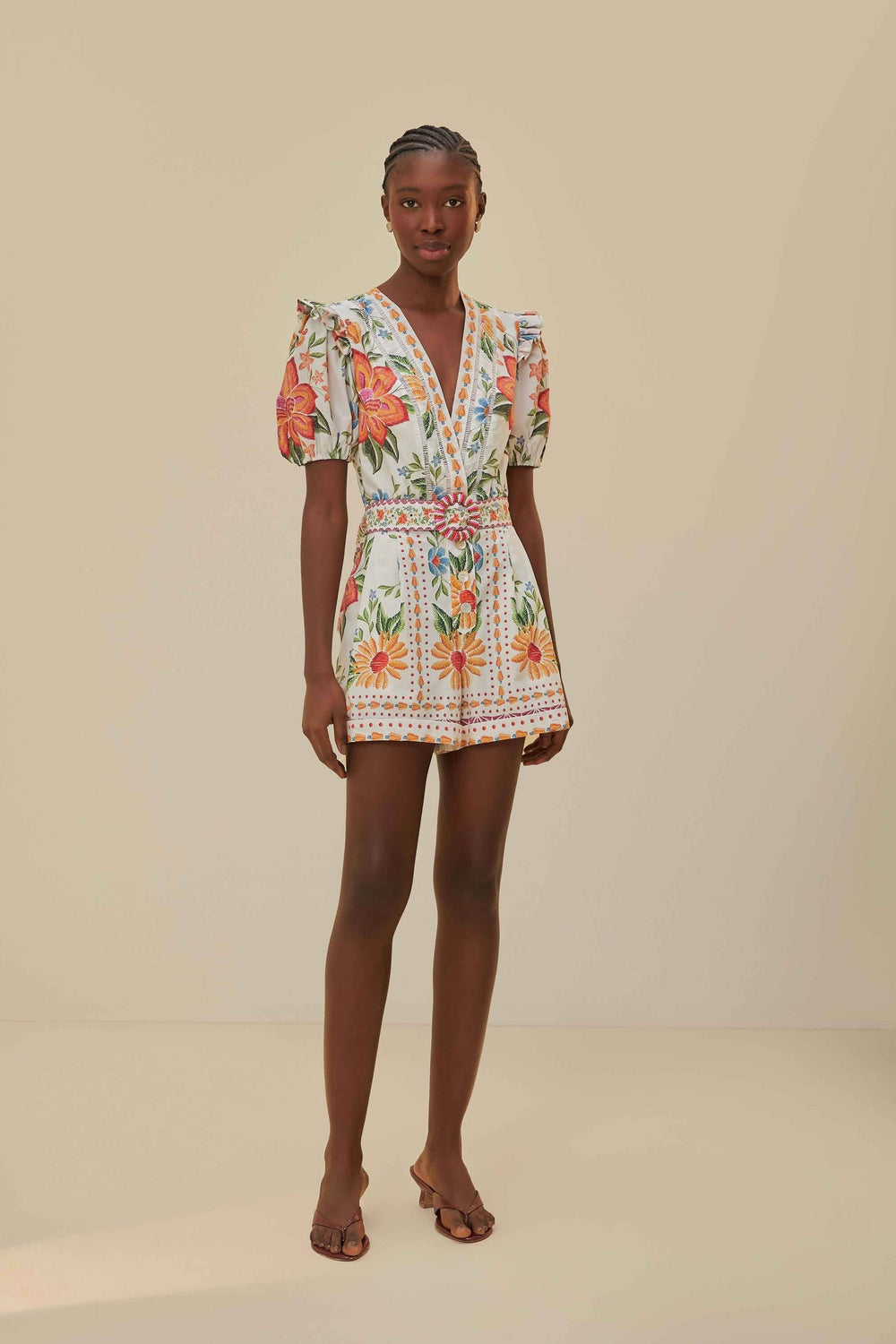 Off-White Bloom Garden LENZING™ ECOVERO™ Euroflax™ Romper | FARM Rio Online