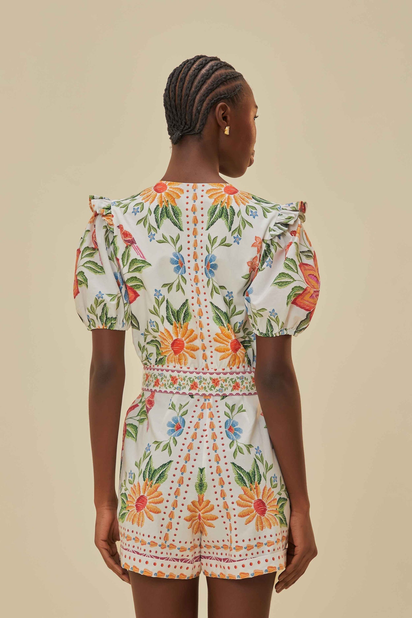 Off-White Bloom Garden LENZING™ ECOVERO™ Euroflax™ Romper | FARM Rio Online