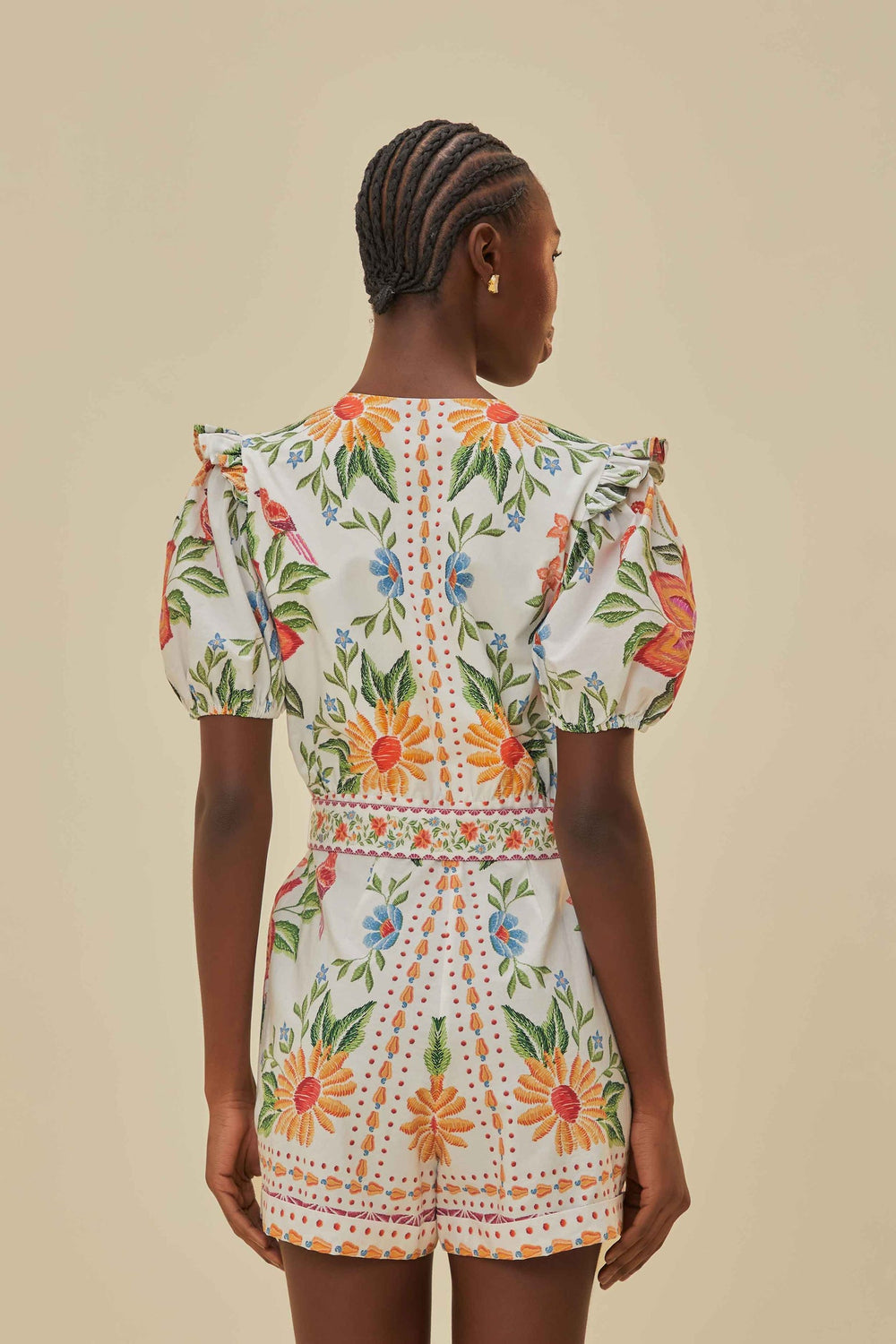 Off-White Bloom Garden LENZING™ ECOVERO™ Euroflax™ Romper | FARM Rio Online