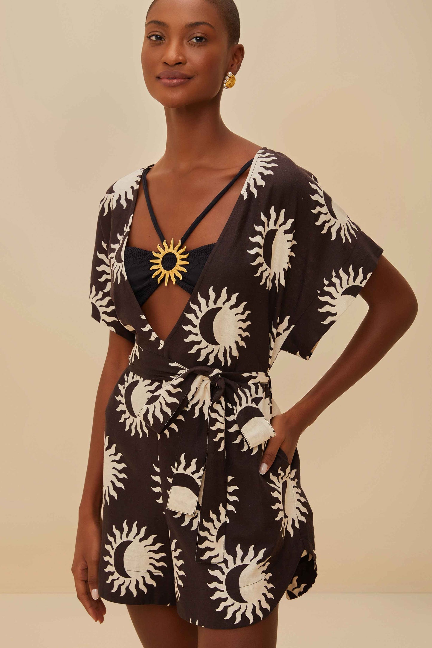 Black Sunny Moon LENZING™ ECOVERO™ Euroflax™ Romper | FARM Rio Discount