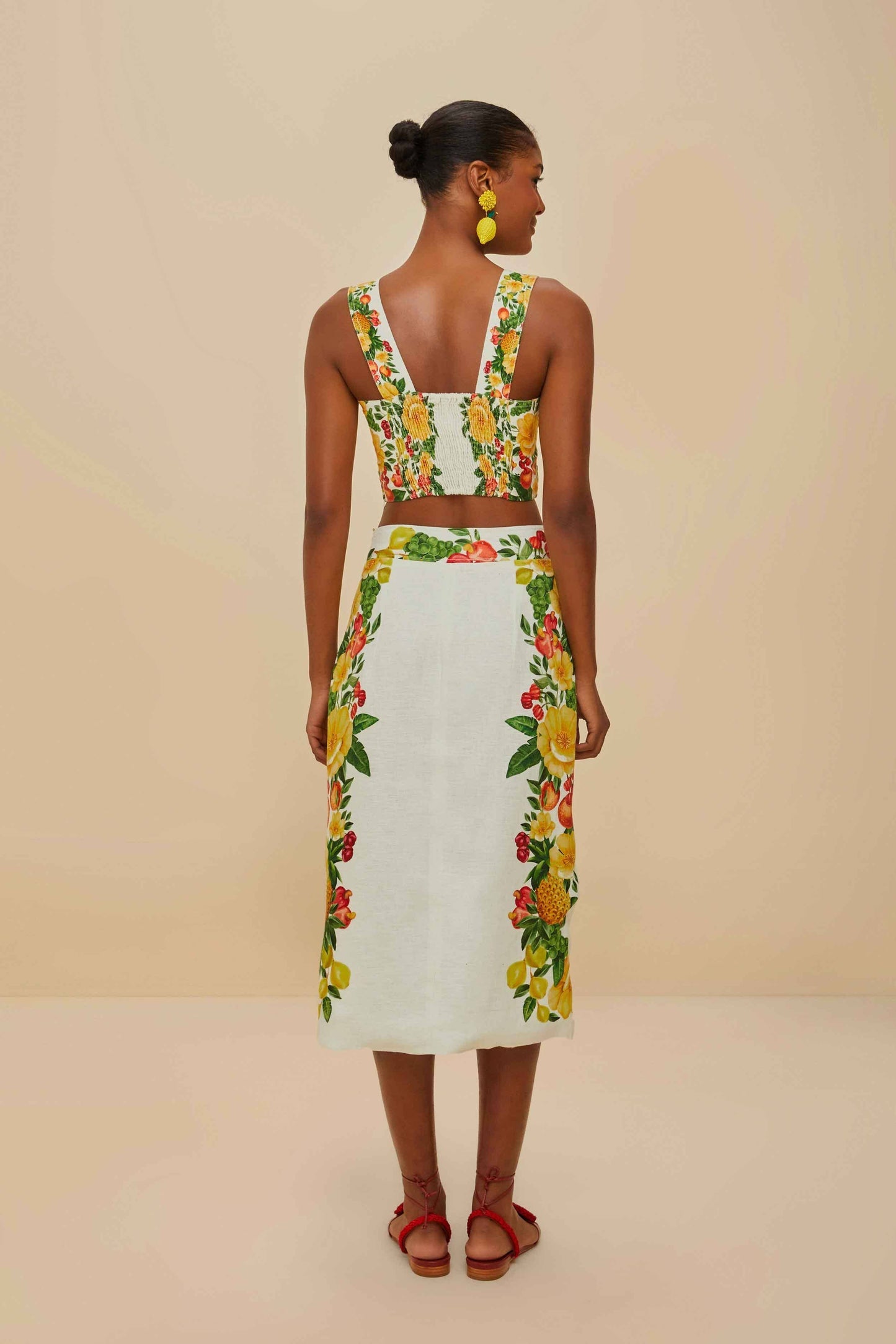 Off-White Picnic Flowers Euroflax™ Premium Linen Viscose Midi Skirt | FARM Rio Outlet