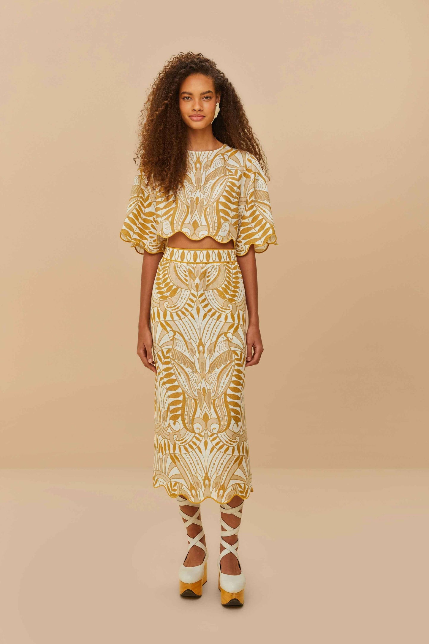 Off-White Lace Nature Euroflax™ Premium Linen Midi Skirt | FARM Rio