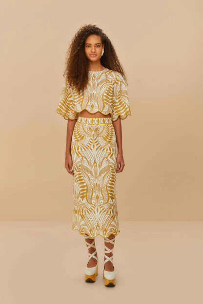 Off-White Lace Nature Euroflax™ Premium Linen Midi Skirt | FARM Rio