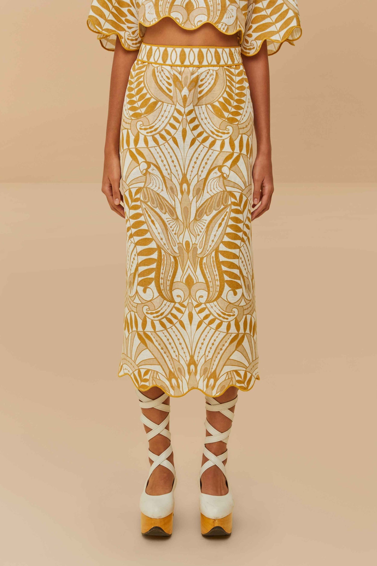 Off-White Lace Nature Euroflax™ Premium Linen Midi Skirt | FARM Rio
