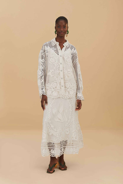 Off-White Swan Lake Guipure Midi Skirt | FARM Rio