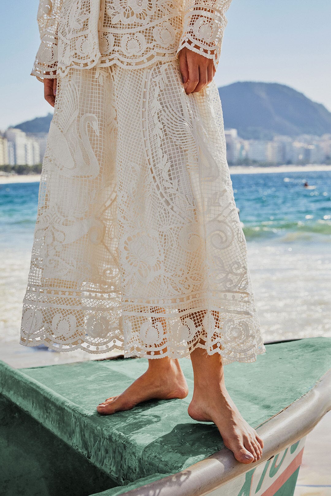Off-White Swan Lake Guipure Midi Skirt | FARM Rio