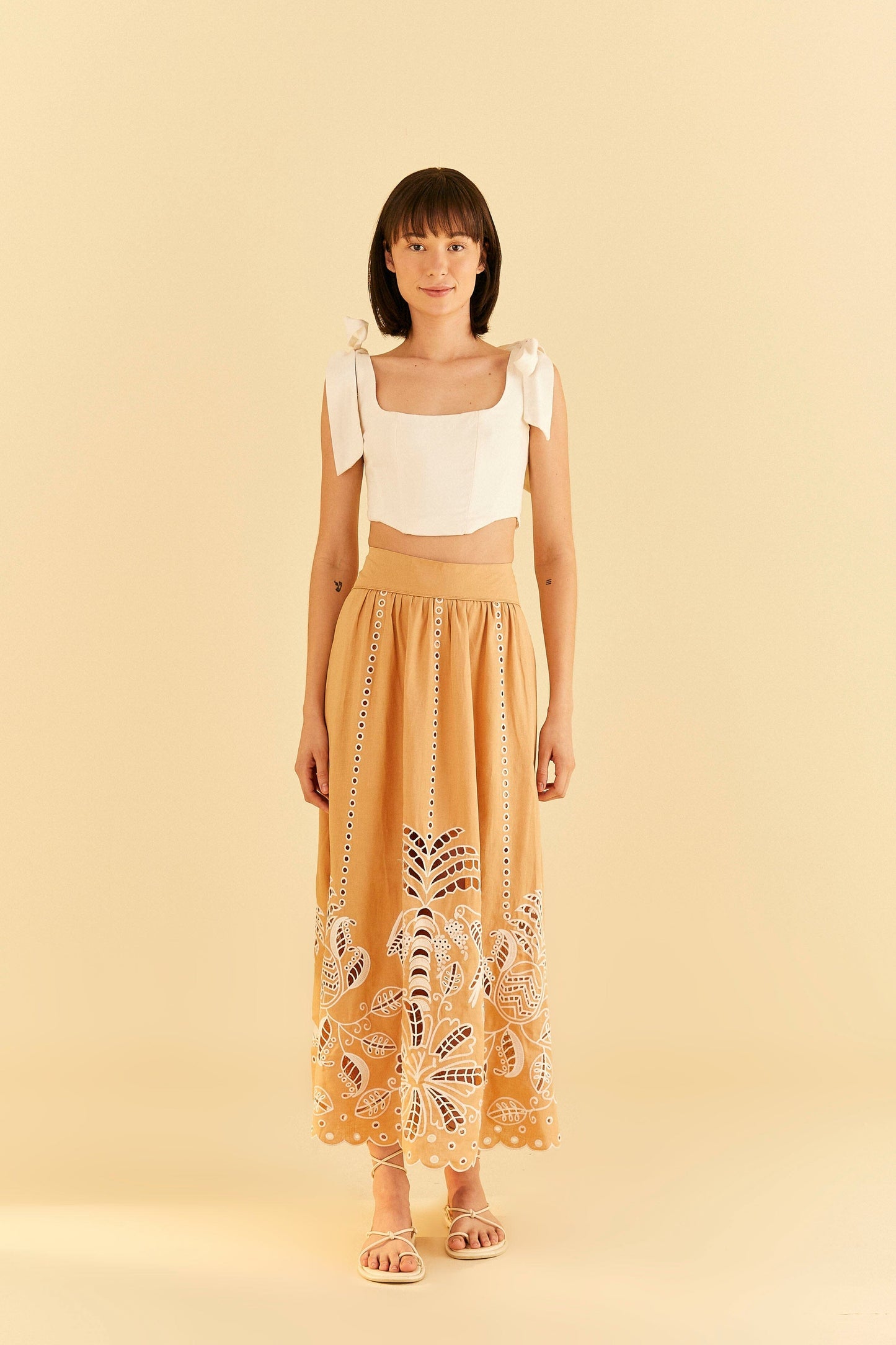 Sand Richelieu Midi Skirt | FARM Rio Online