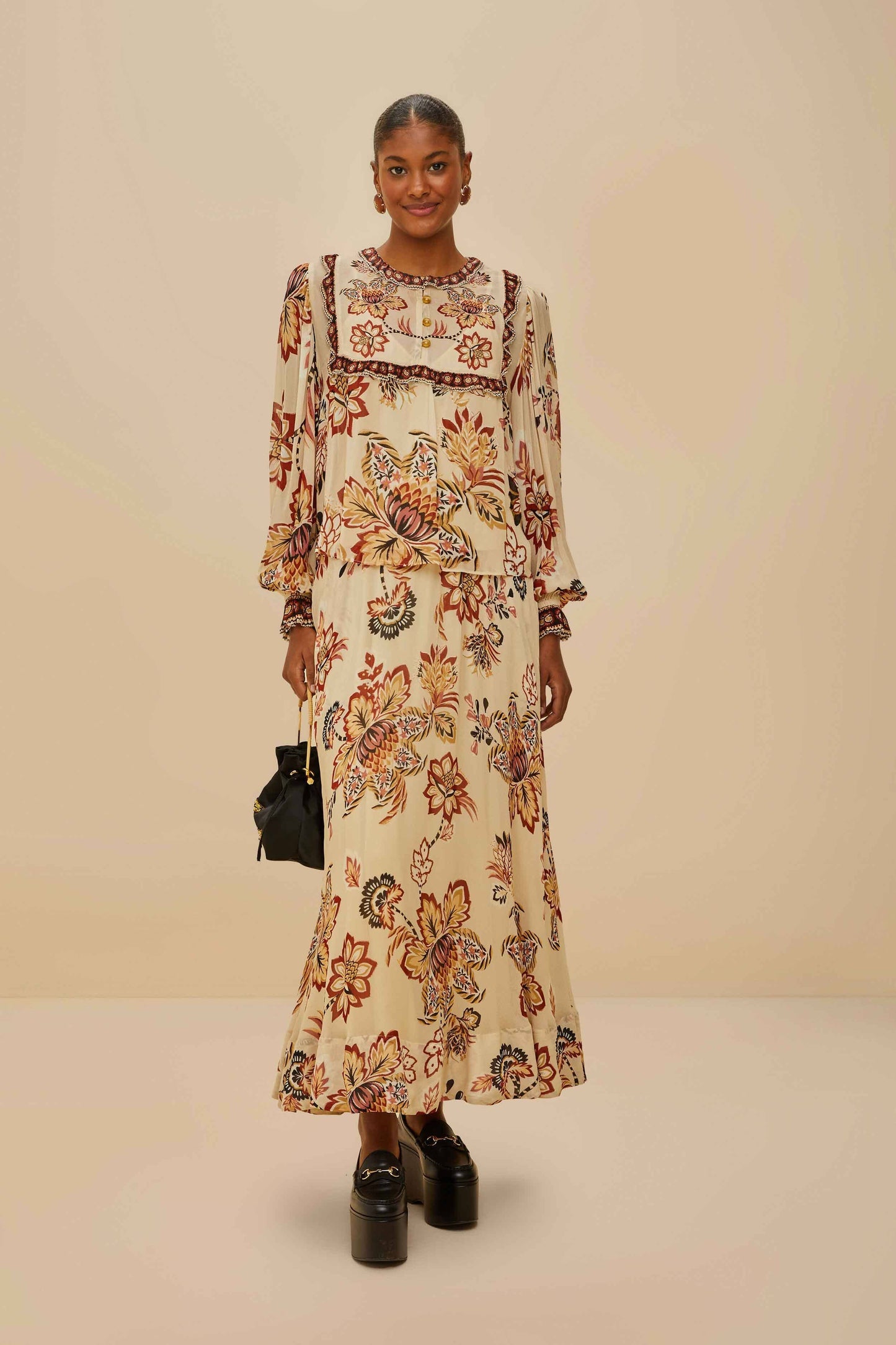 Sand Aura Floral Midi Skirt | FARM Rio Discount