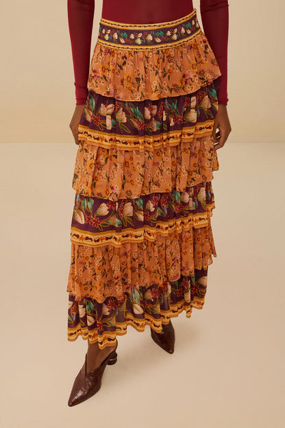 Colorful Birds Camel Ruffles Midi Skirt | FARM Rio US