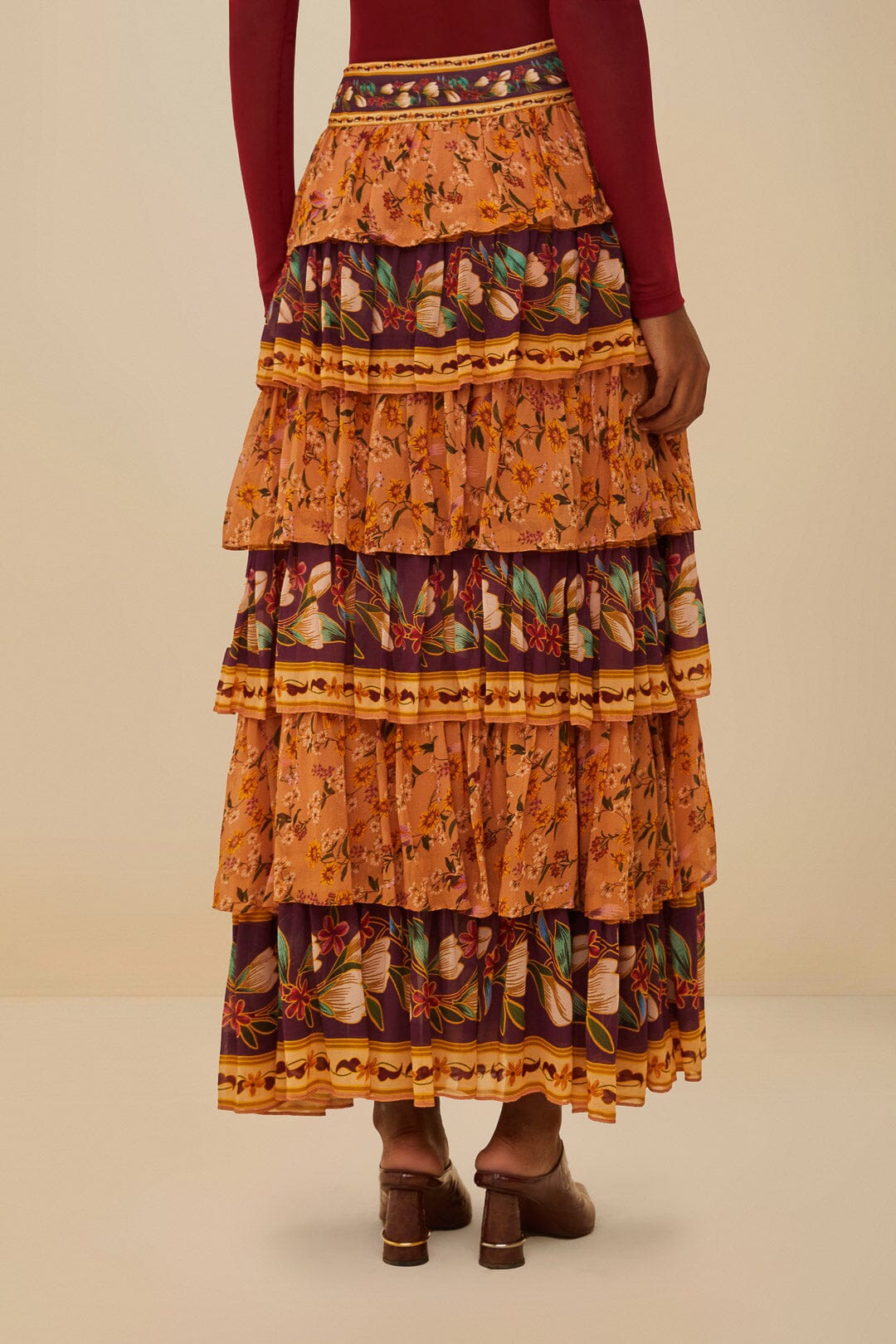 Colorful Birds Camel Ruffles Midi Skirt | FARM Rio US