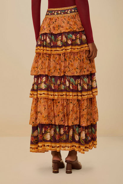 Colorful Birds Camel Ruffles Midi Skirt | FARM Rio US