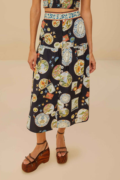 Black Trip Souvenir Organic Cotton Midi Skirt | FARM Rio Discount