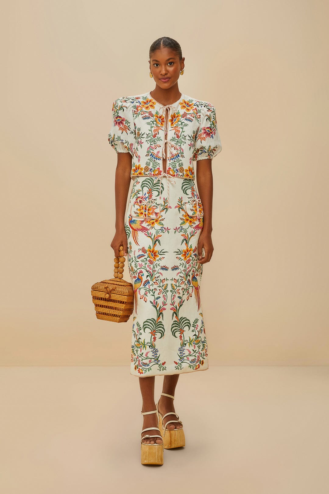 Off-White Delicate Forest Euroflax™ Premium Linen Midi Skirt | FARM Rio US