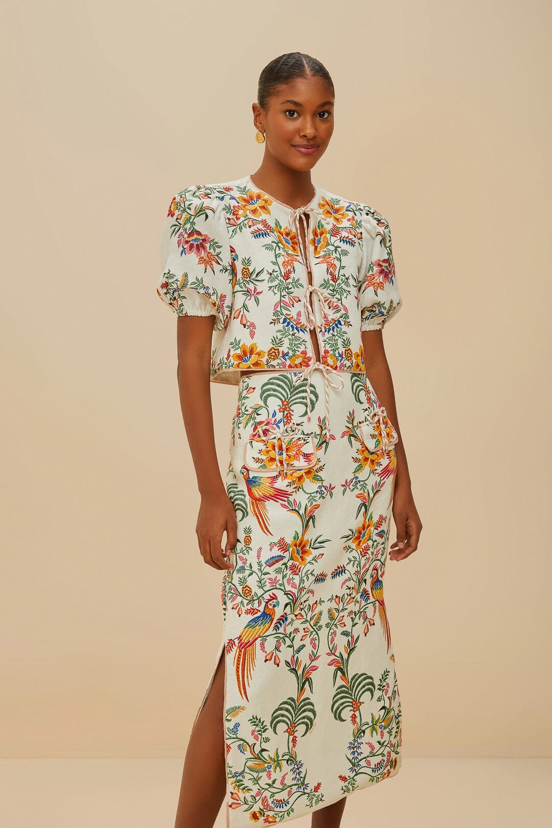 Off-White Delicate Forest Euroflax™ Premium Linen Midi Skirt | FARM Rio US