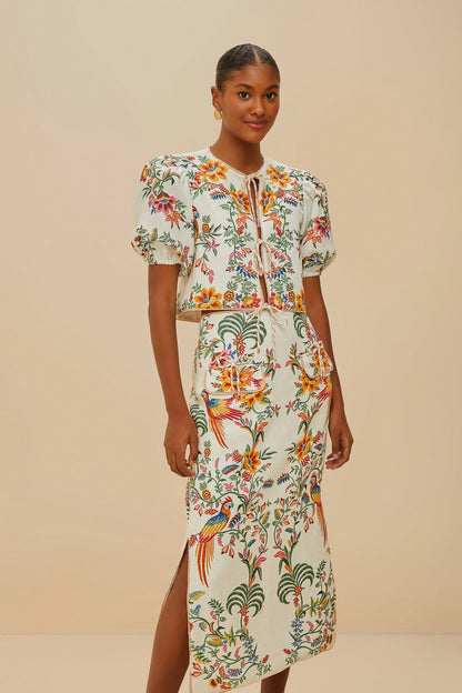 Off-White Delicate Forest Euroflax™ Premium Linen Midi Skirt | FARM Rio US