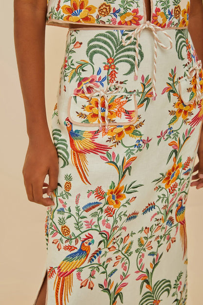 Off-White Delicate Forest Euroflax™ Premium Linen Midi Skirt | FARM Rio US