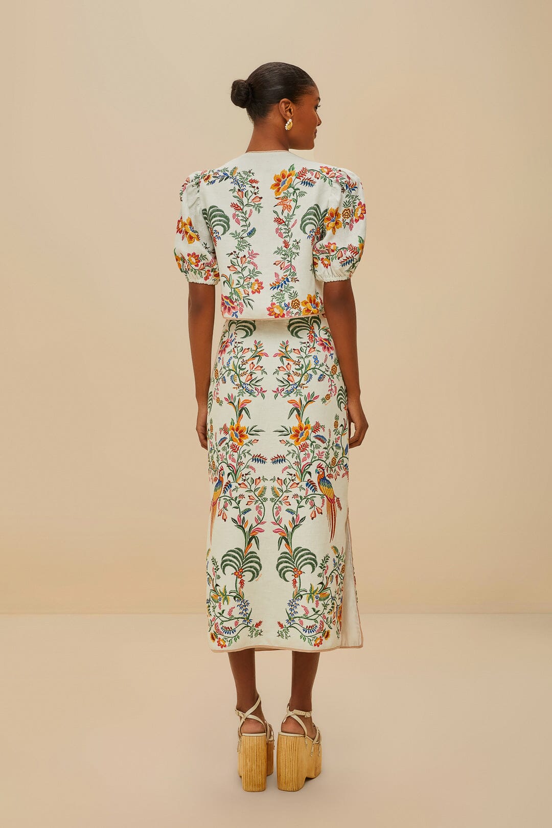 Off-White Delicate Forest Euroflax™ Premium Linen Midi Skirt | FARM Rio US