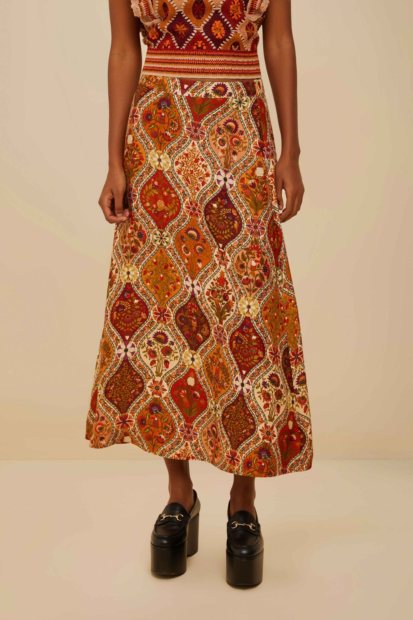 Multicolor Romantic Nature LENZING™ ECOVERO™ Viscose Midi Skirt | FARM Rio Near Me