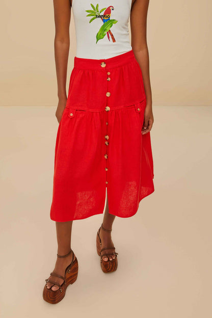 Red Mixed Buttons Euroflax™ Premium Linen Midi Skirt | FARM Rio Outlet