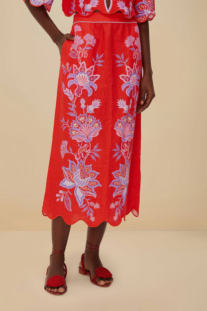 Red Porcelain Garden Euroflax™ Premium Linen Midi Skirt | FARM Rio On Sale