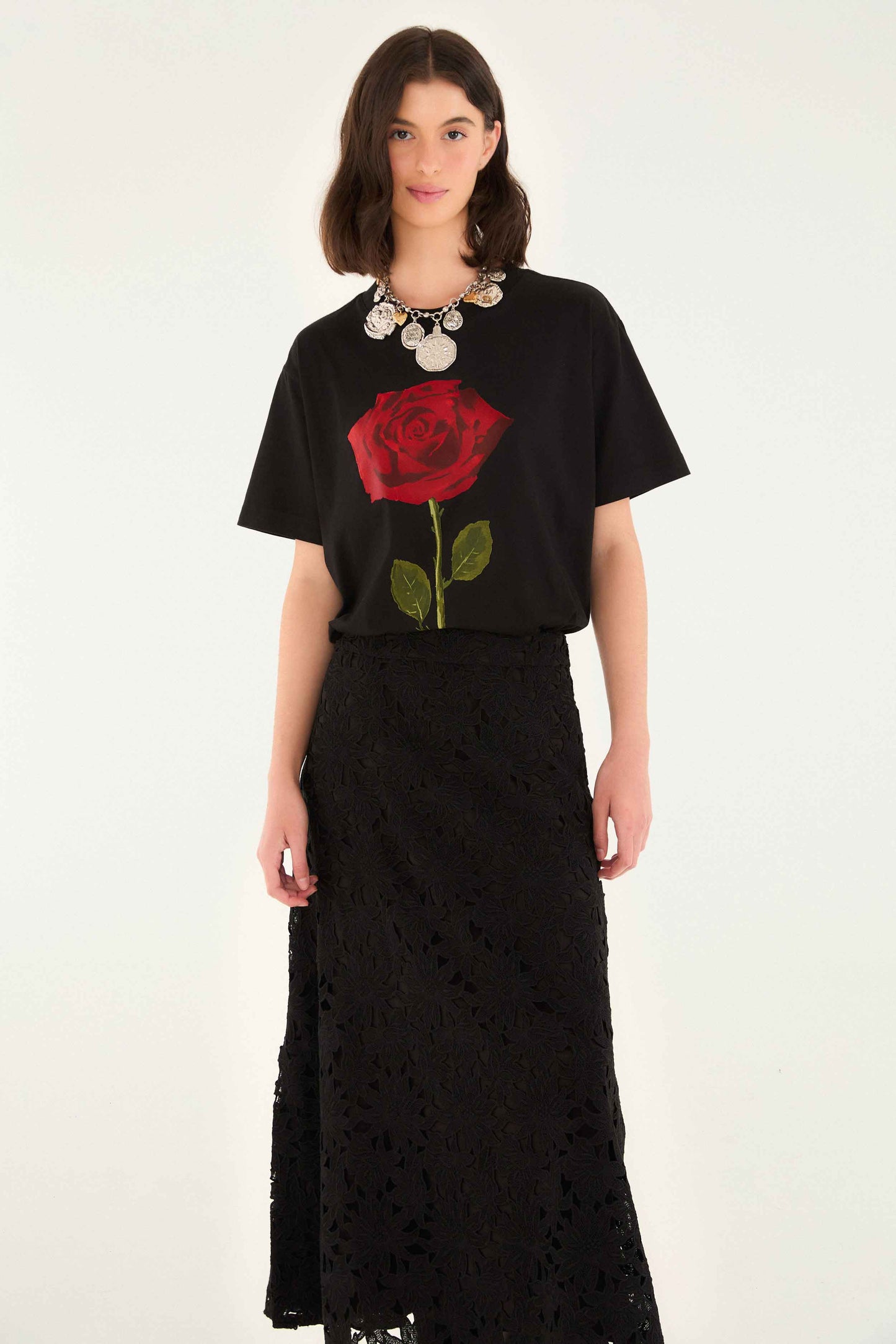Black Flowered Lace Midi Skirt | FARM Rio | FARM Rio US